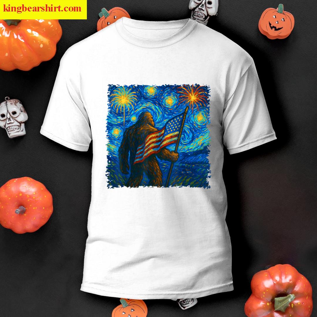 Bigfoot 4th Of July Starry Night Van Gogh Usa Flag Men Women T-shirt