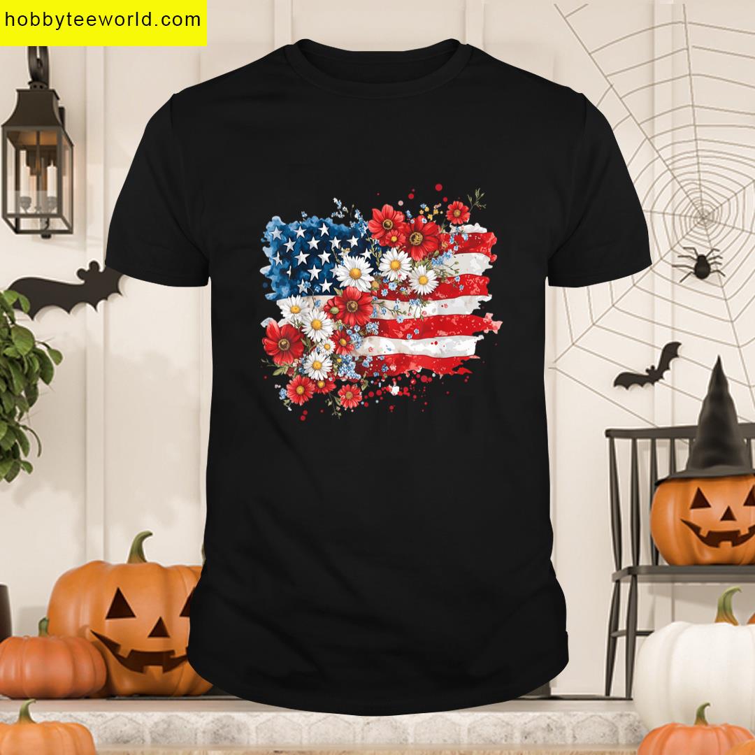 Floral American Flag Daisy 4th July Women Girls Patriotic T-shirt