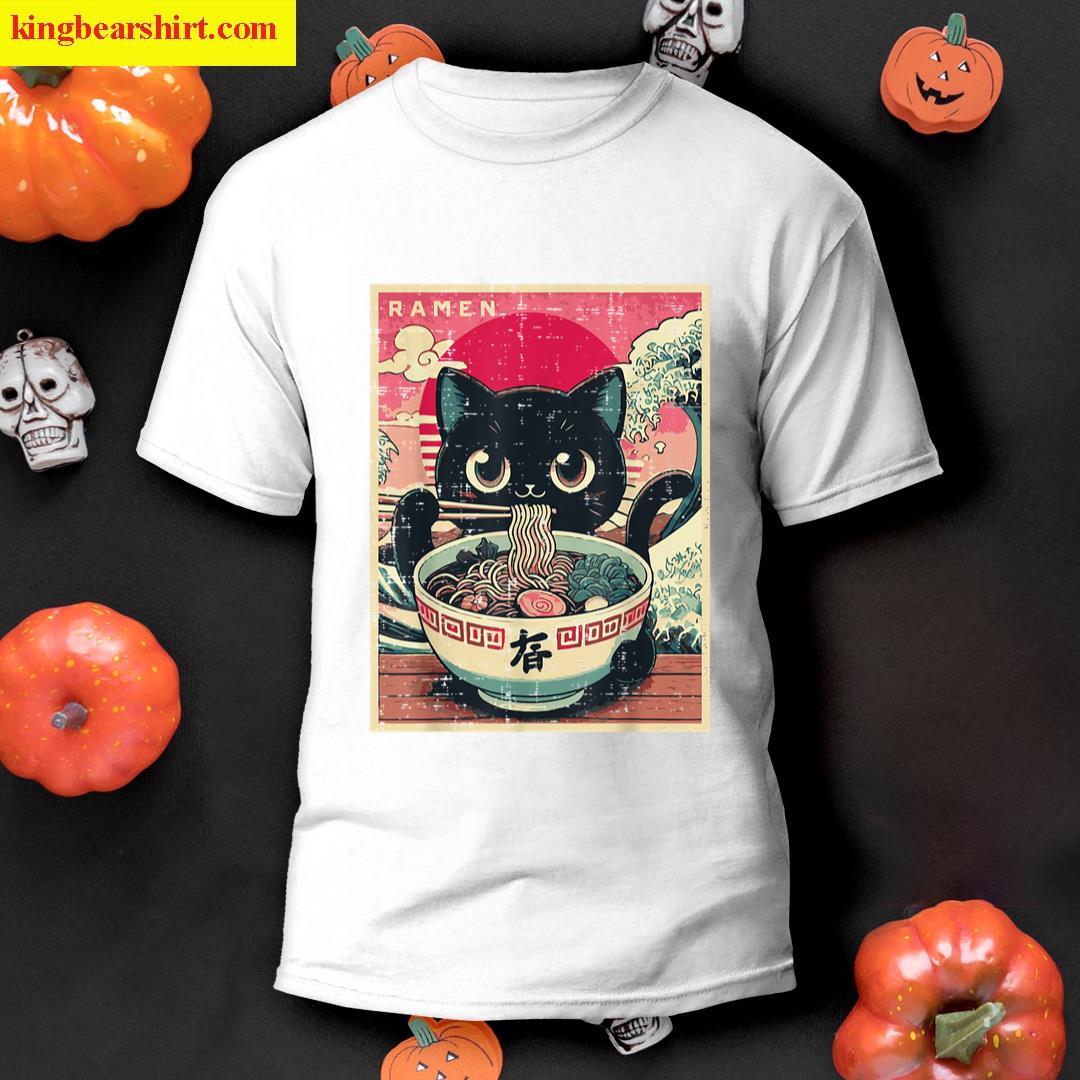 Japanese Anime Cat Ramen Kawaii Poster Art Girls Kids Women T-shirt