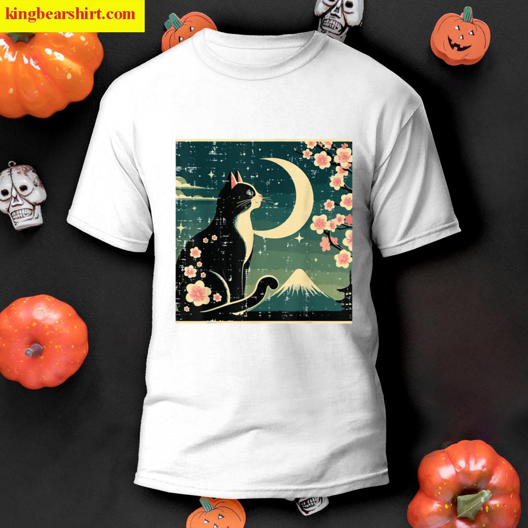 Japanese Tuxedo Cat Moon Sakura Vintage Art Women Girls Kids T-shirt