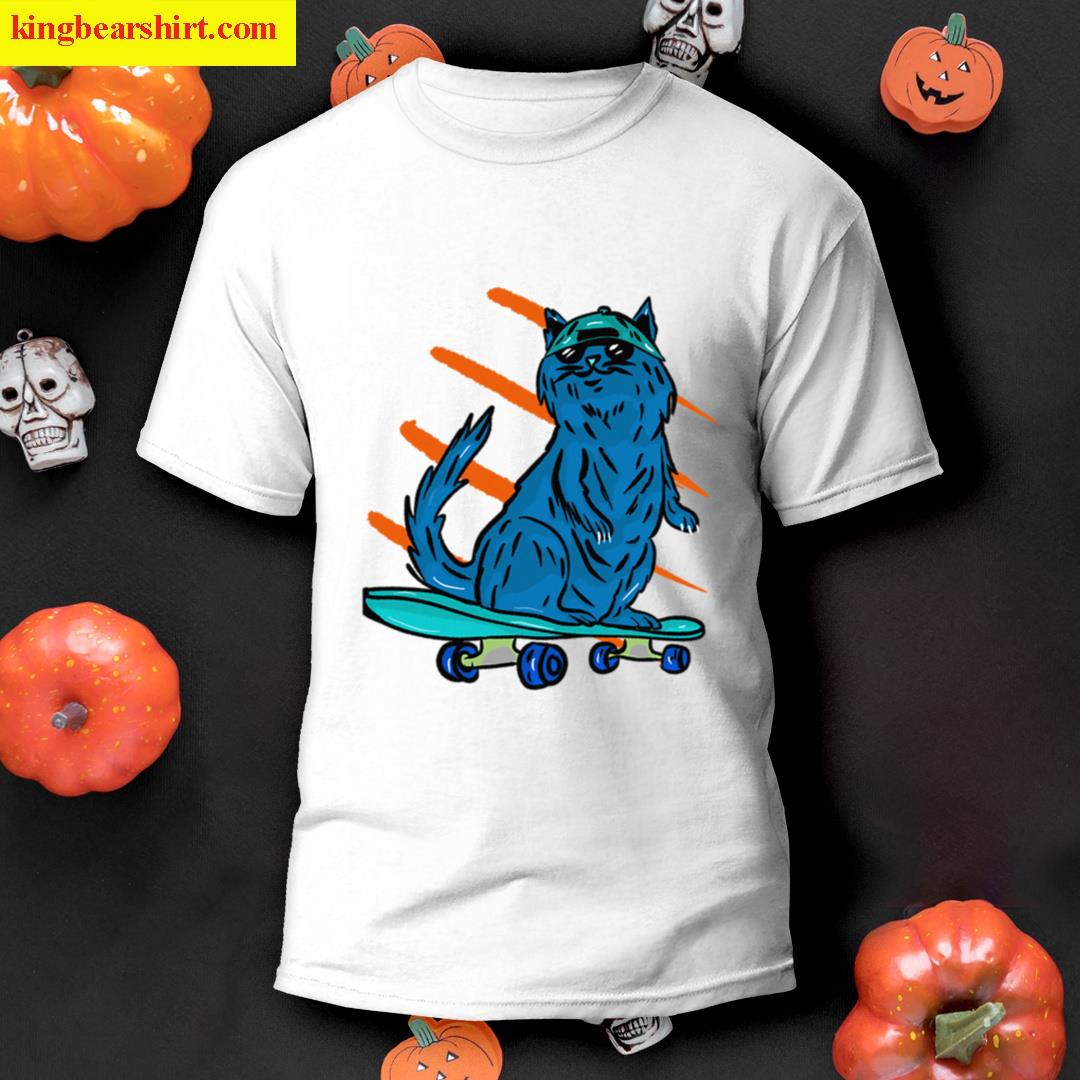 Light Blue Cat With A Cool Cap On A Skateboard T-shirt