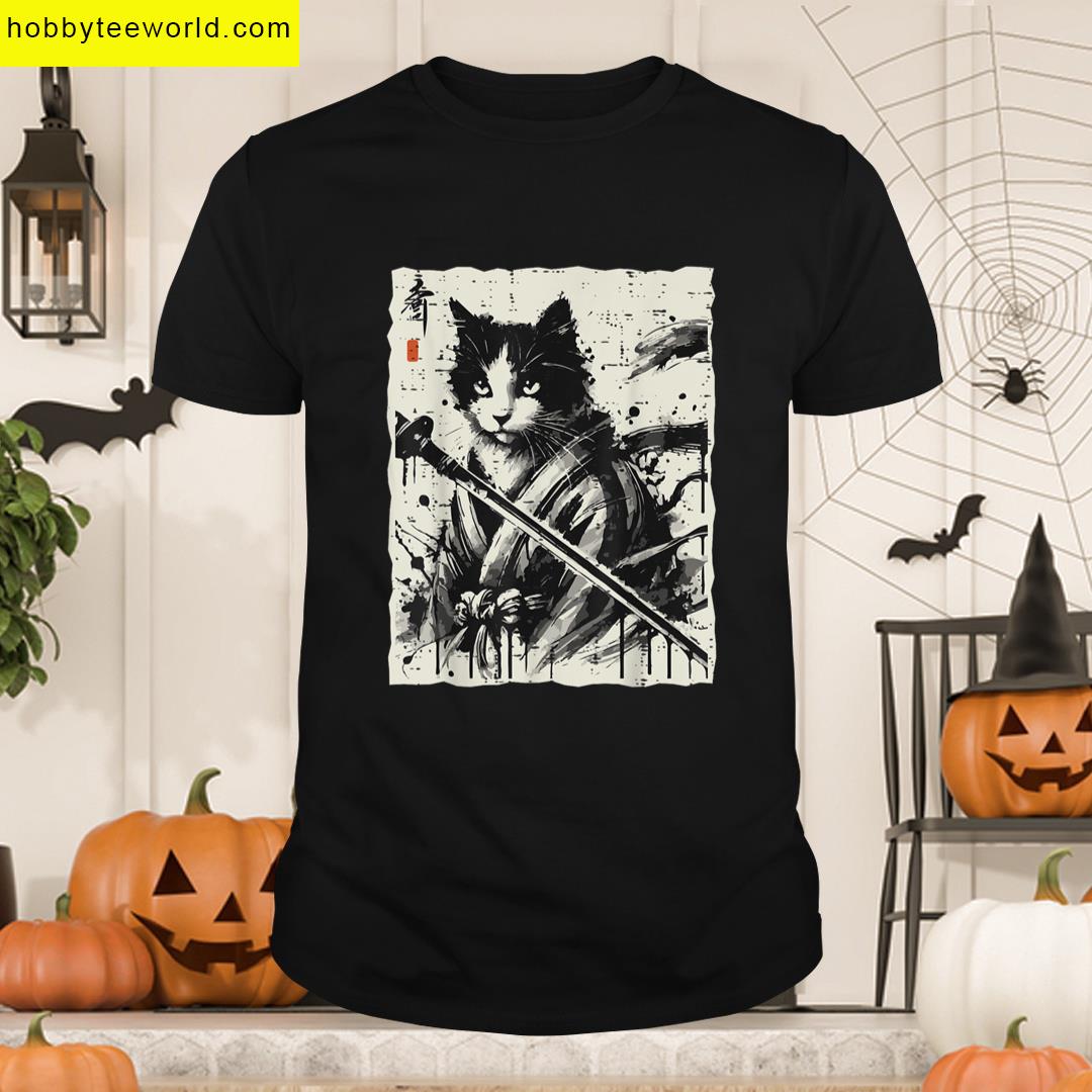 Japanese Ink Cat Warrior Katana Vintage Art Women Men Kids T-shirt