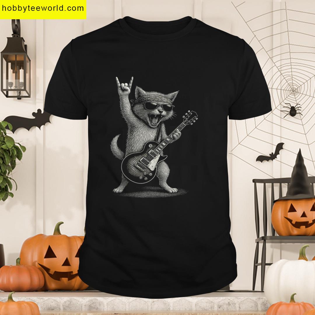 Retro Cat Rock Music Gifts Men Kids Women Funny Cat Guitar T-shirt