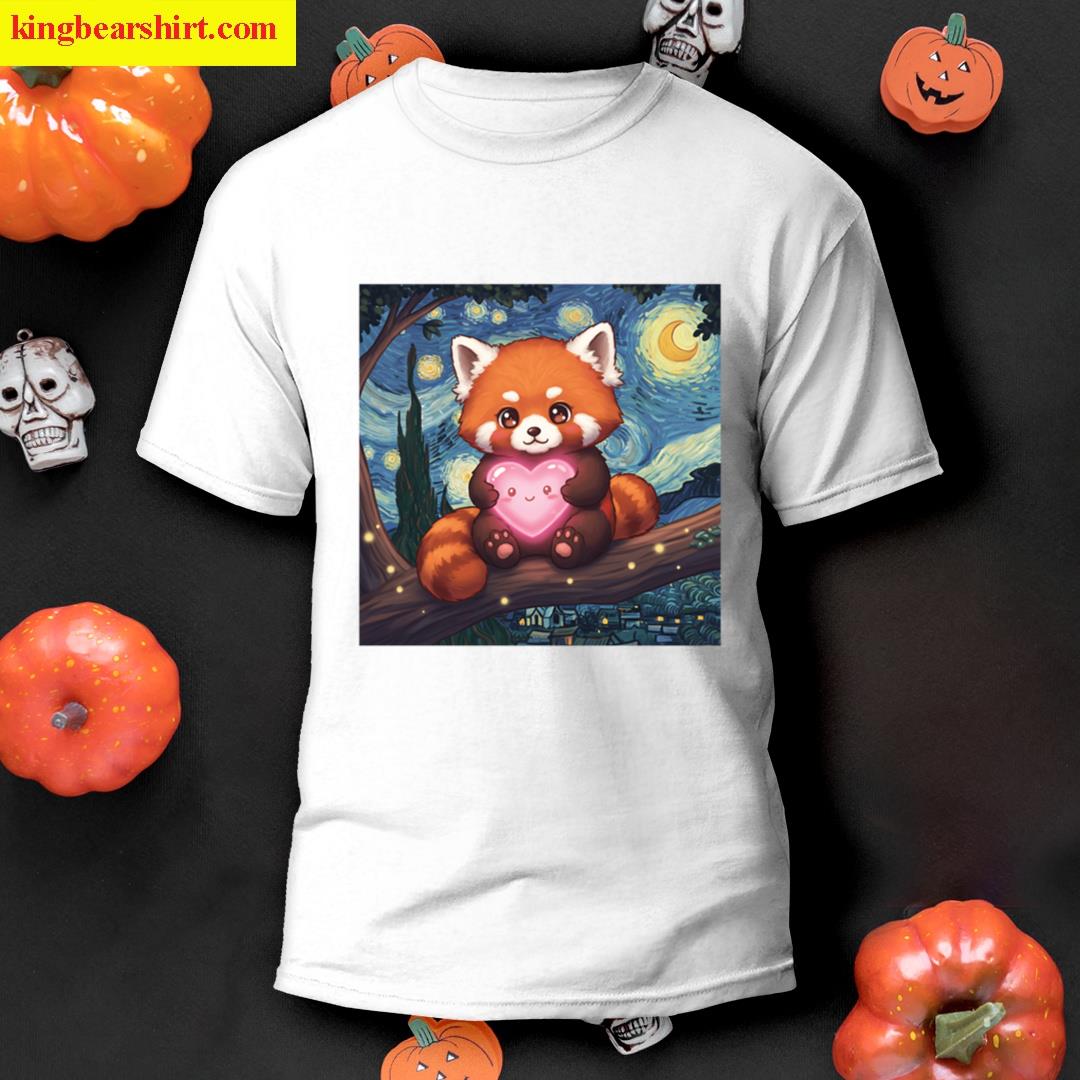 Cartoon Red Panda Holding Heart Van Gogh Illustration T-shirt