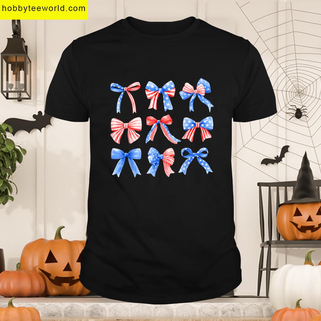 Coquette Bows Red White Blue Usa Flag 4th Of July Women Girl T-shirt