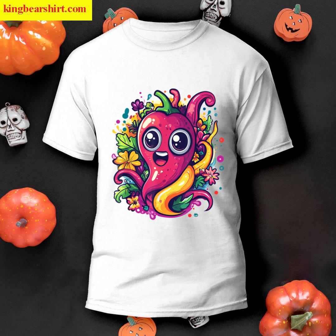 Cute Chili Cartoon Surrounded By Flowers T-shirt