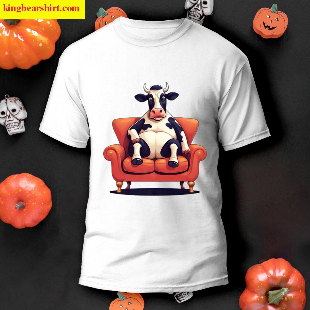 Funny Cow Sitting On A Sofa Cartoon Style Premium T-shirt