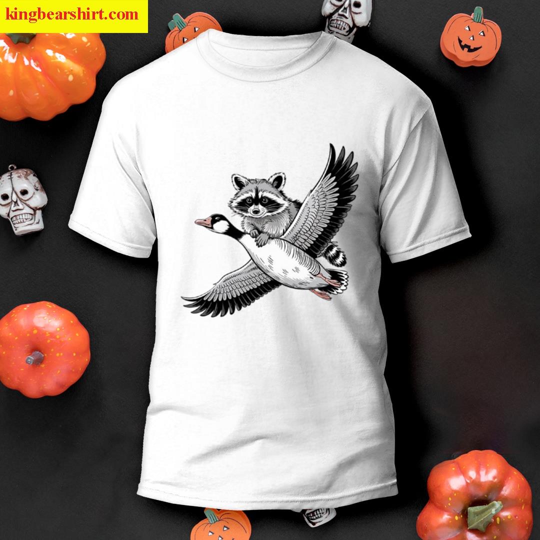 Funny Raccoon Riding A Flying Goose In Whimsical Cartoon Style T-shirt