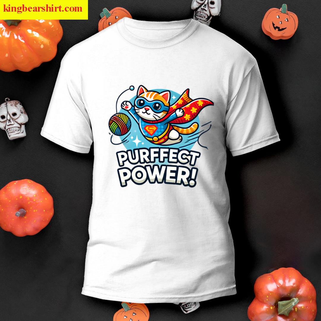 Superhero Cat Cartoon Purrfect Power Design T-shirt