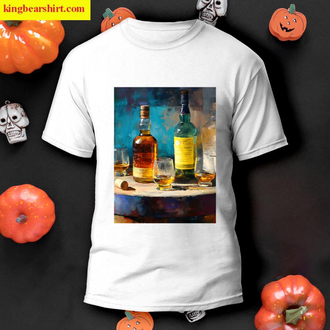 Whiskey Bottles And Glasses On Rustic Barrel – Warm Amber Hues Contrast With Vibrant Blues T-shirt